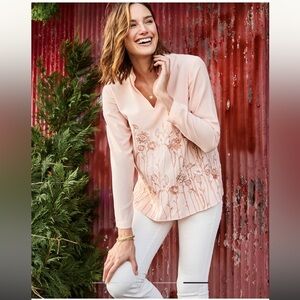 NWT Spartina 449 Nicolette Embroidered Tunic Top Large Blush Pink Floral V Neck